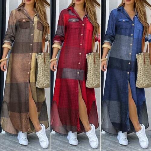ZANZEA 2021 Women Autumn Vintage Long Sleeves Maxi Shirt Dress Fashion Female Longue Robe Casual Plaid Vestidos