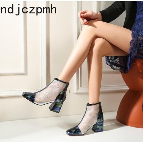 Womens Boots Spring and Summer New Fashion Square Head Zipper Mixed Colors Thick Heel High Heel Womens Shoes Plus Size 32-48