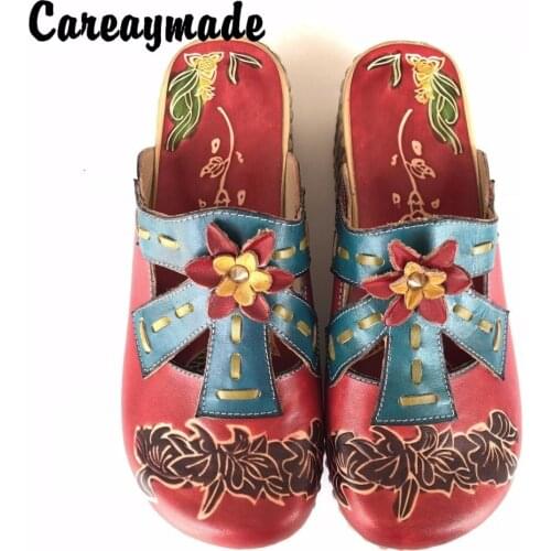 Careaymade-2020 Folk style Head layer cowhide pure handmade Carved shoes,the retro art mori girl shoes,Womens casual slippers