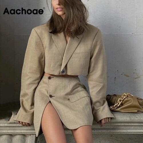 Aachoae Fashion 2 Piece Set Women Blazer Skirt Suit 2021 Solid Color Cropped Blazer Sets Ladies Side Split Mini Skirts Outfits