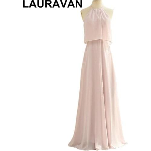 Fitted cheap latest light pink women halter corset long beautiful a line bridesmaid gown dresses girl dress for semi formal gown