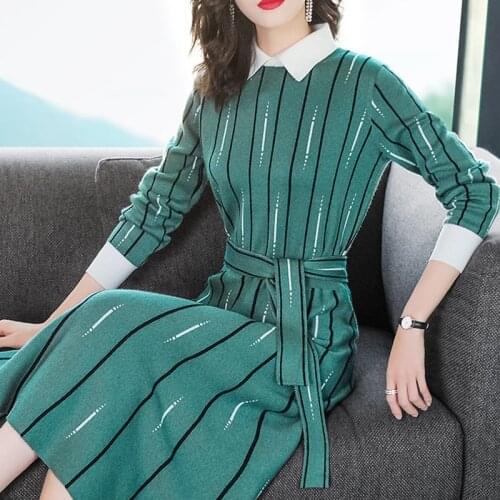 2021 High Quality Autumn Winter Women Fashion Patchwork Color Striped Knit Dress Elegant Ladies Slim Casual Sweater Dress X331