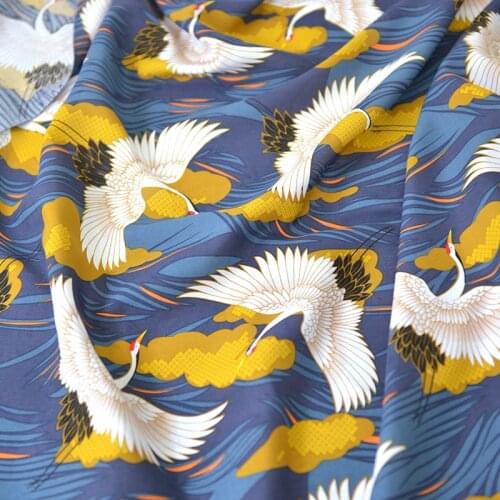 Crane Printed Viscose Fabric By Half Meter For Dress Material Japanese Design Cotton Fabric DIY Sewing Accessories 2021