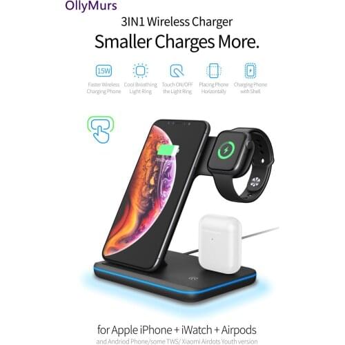 15W Fast Qi Wireless Charger Stand For iPhone 12 11 XS XR X 8 3 in 1 Charging Dock Station for Apple Watch 6 5 4 3 2 Airpods Pro