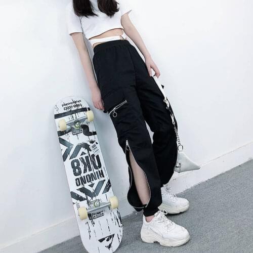 Women Fashion Zipper Cargo Pants Black Elastic Waist Loose Streetwear Jogger Trousers Female Plus Size Casual Sportswear Pants