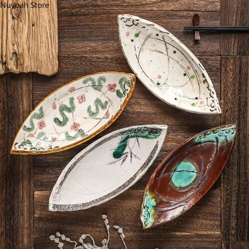 Household Tableware Japanese Ceramic Double-pointed Boat-shaped Dessert Plate Sashimi Plate Creative Plate Sushi Plate Set Plate