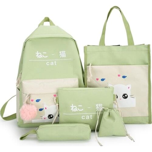 5Pcs/set Canvas School Bags for Teenage Girls Cat Printing Backpacks Women Bookbags Students Travel Backpacks Female Rucksack