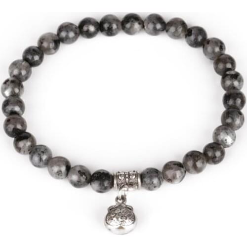 6mm Black Grey Labradorite Stone Bead FU Luck Chinese Word Fortune Letter Money Pocket Charm Beaded Bracelets For Man Women