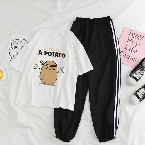 2pcs Set Women Cute Potato Print Graphic Tee Crop Top Trousers Women Streetwear Women Sets Clothes Outfit Sports Pants Female