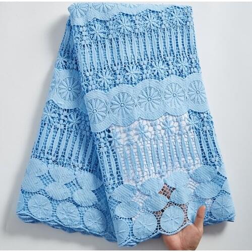 SJD LACE High Quality Blue Hollow Pattern African Lace Fabric Water Soluble Nigerian Fabric With Stones For Wedding Dress A2316