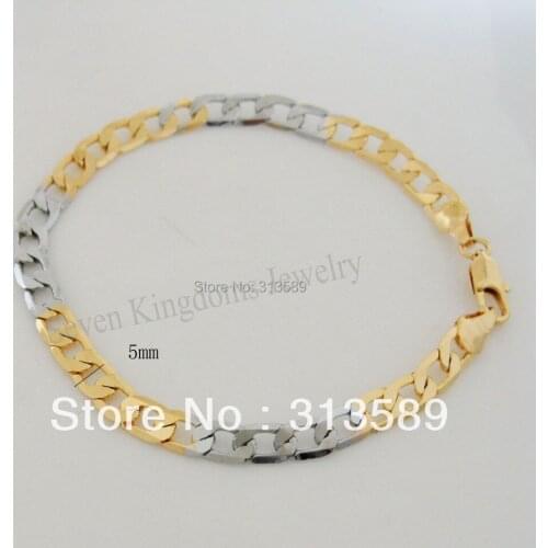 /Min Order 10$ CAN MIX DESIGN /7.9" 6.1g 24K YELLOW&WHITE GOLD GP OVERLAY COATED FILLED BRASS CUBAN BRACELET/GREAT GIFT