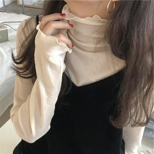 Fashion Mesh Solid Basic T Shirt Long Sleeve High Collar See-through T-shirt Thin Slim Street Casual Tee Shirts XZ621