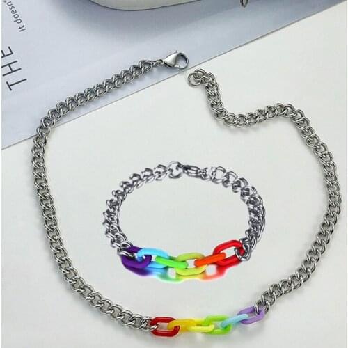 JHSL Unisex Fashion Jewelry Set Silver Color Colorful Stainless Steel Girls Men Women Statement Short Necklaces and Bracelet
