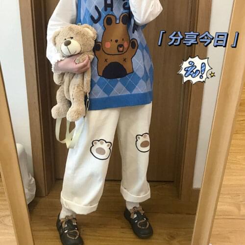 Spring Autumn Japanese Style Soft Girl Y2k Casual Straight Cute Bear Kawaii Claw Loose Wild Wide-leg Pants Ankle-Length Pants