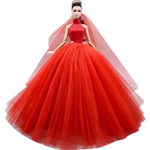 NK Red Wedding Dress for Barbie Dolls Princess Evening Party Gown Clothes Wears Long Dress Outfits + Veil 1/6 Doll Accessories