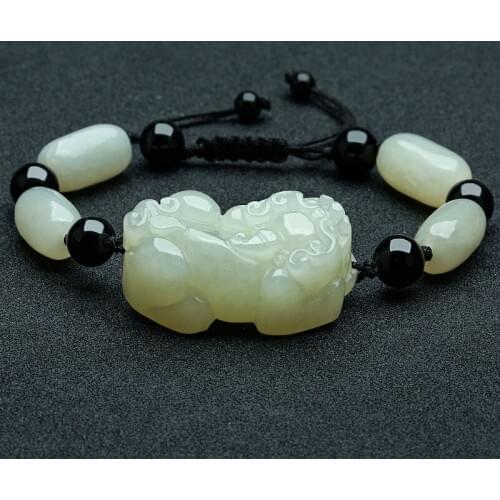Natural Hetian Nephrite White Jade Pixiu Bracelet Brave Troops Obsidian Agate Bead DIY Resizable Bracelets For Men Women Jewelry