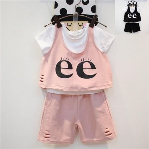 2016 Summer Wear New Pattern Catamite Girl Letter Eye Holes Short Sleeve T-Shirt Vest In Pants Three Pieces Fashion Suit
