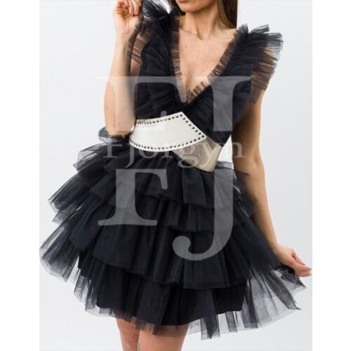 Sexy Black V-Neck Ruffles Tulle Dresses Fashion Party Dress 2021 Womens Evening Gowns Custom Made High Quality Robes