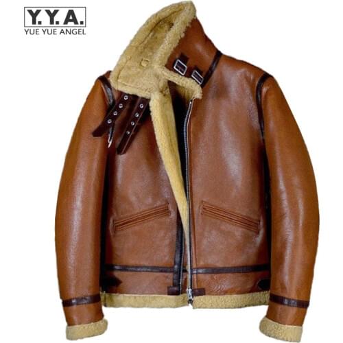 Vintage Classic Real Fur Brown Pilot Jacket Men Winter Wool Liner Genuine Leather Motorcycle Jackets Shearling Sheepskin Coat