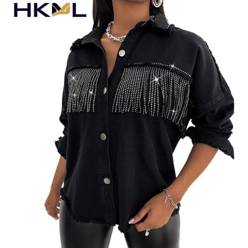 Europe America Womens Solid Color Cowboy Blouse Single-breasted Lapel Tassel Sleeve Fashion Trend Design Casual Autumn 2021