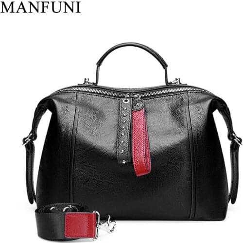 Women Handbag 100% Genuine Leather Classic Black Fashion Boston Bag Casual Tote Lady Shoulder Messenger Bag Rivets Big Capacity