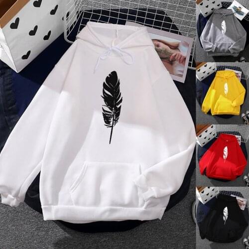 Women Fashion Tops Blouse 2021 Lady Long Sleeve feather Print Hoodie Sweatshirt Jumper Hooded Pullover Solid Color Blouse 2107