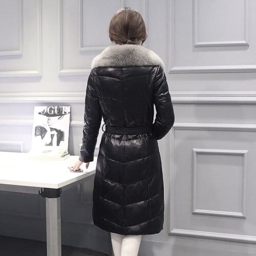 Genuine Leather Jacket Women Winter Coat Fox Fur Collar Long Womens Down Jacket Real Sheepskin Jackets 6777 KJ2466