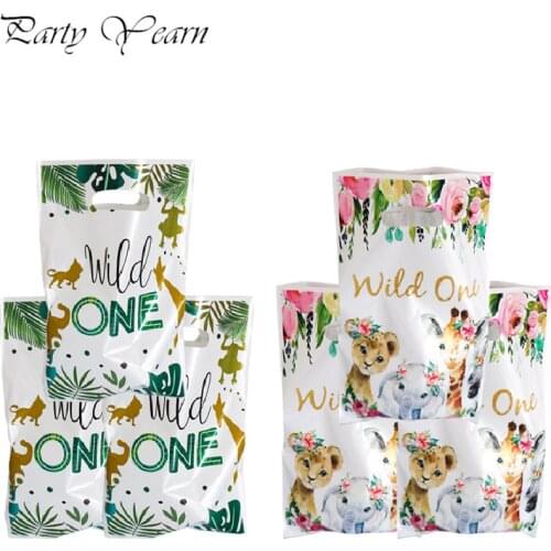 10Pcs Wild One Golden Green Wild Party Giraffe Elephant Leopard Tiger Plant Flower Pattern Plastic Birthday Gift Bag Supplies