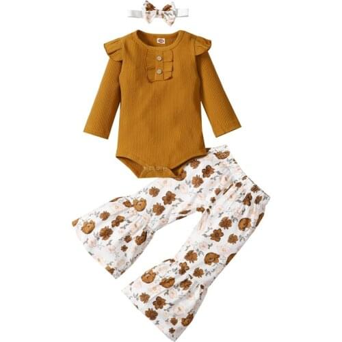 Baby Girls 3PCS Fall Outfits Long Sleeve Rib Knit Romper + Floral Flare Pants + Headband Set
