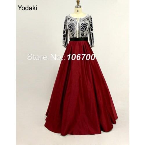 Arabic New Style Pearls Ballgown Evening Dresses Real Photos Three Quarters Sleeves O Neck Custom Make Burgundy Color Prom Gowns