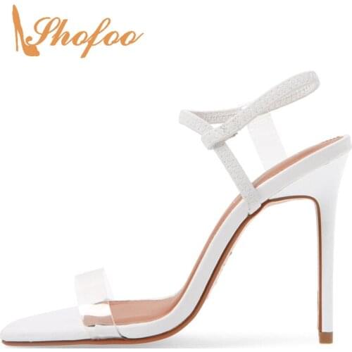 White PVC Ankle Strap Sandals Stilettos Super High Thin Heels Large Size 33 39 Female Ladies Summer Dress Shoes Footwear Mature