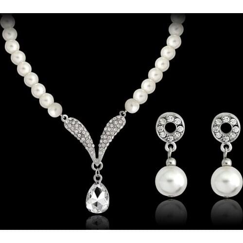 White crystal Luxury Pearls Pendant Simulated-Pearl Necklace Earrings Water Drop Earrings Necklaces Set For Bride and Wedding