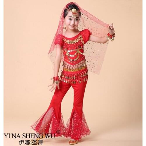 Children Belly Dance Costume Girls Sequin Stage Performance Indian Oriental Clothes Kids Bollywood Dancing Short Sleeve+Pants