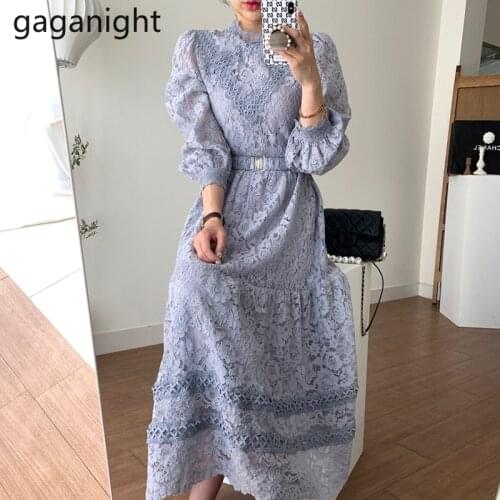 Gaganight Vintage Women Lace Maxi Dress Long Sleeve Sash Chic Korean Fashion Party Dresses Solid A Line 2021 Loose New Vestidos
