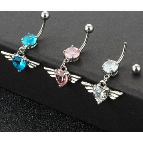 1Pcs Crystal Navel Ring Bar Barbell Drop Dangle Body Piercing Angel Wings Heart Belly Button Rings Men Women Body Jewelry Sexy