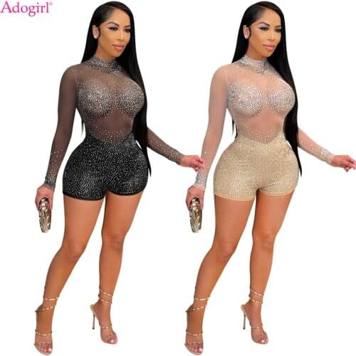 Adogirl Diamonds Sheer Mesh Shorts Jumpsuit with Underwear Mock Neck Long Sleeve Night Club Playsuit Women Fashion Sexy Overalls