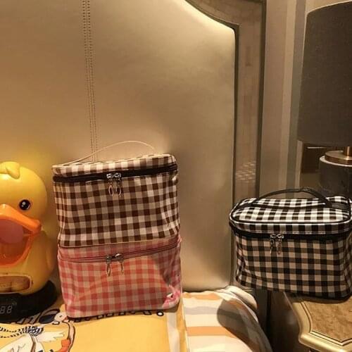 Korea simple creative lattice cosmetic bag female pu waterproof ins cute portable storage bag large capacity toiletry bag