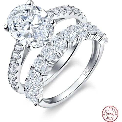 Fashion 2 Pieces Real 925 Sterling Silver Rings Round Bridal Wedding Ring Set For Women Zirconia Jewelry