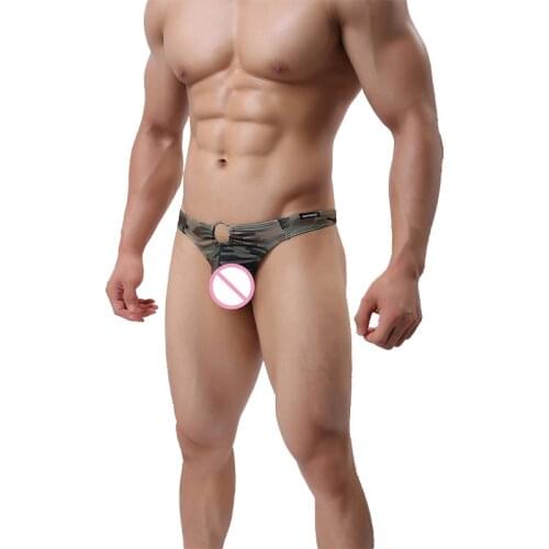 Mens Low Rise Camouflage Briefs G-String Thong Underwear Metal Ring Mini Bikinis Bulge Pouch T-back Sexy Underpants