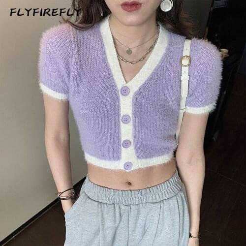 Crop top women sweater korean cardigan short sleeve sweaters vintage purple cropped sweater elegant pink cardigans 2020