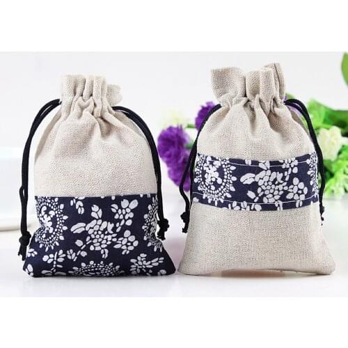 2PCS Handmade Jewellery Bag Pouch Cloth Bag Jewelry Storage Gift Chinese Style Blue And White Floral Stitching Linen Bag