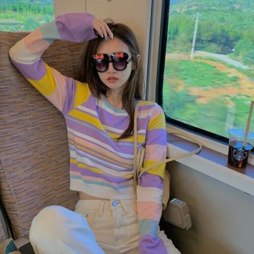 Womens Sweater Sweet Rainbow Stripe Slim Woman Sweaters Basic Y2k Cropped Top Pullover Harajuku Knitted Sweater Korean Jumper