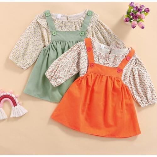 Two Pieces Spring Kids Girls Sweet Clothes Sets Fashion Floral Long Sleeves O-neck Pullover and Solid Color Suspender Dress