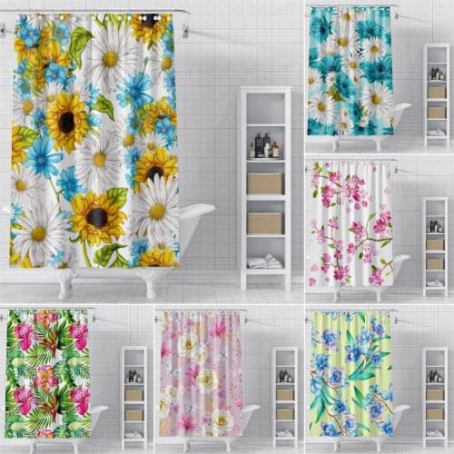 Floral Flowers Printed Shower Curtains For Bathroom Waterproof Mildew Proof Bathroom Curtain Solid Fabric Shower Curtain Hooks
