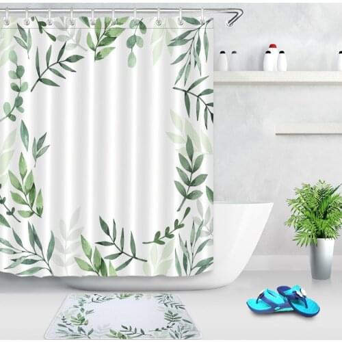 Green Plants Floating On White Background Bathroom Waterproof Polyester Fabric Printing Shower Curtain Anti-Slip Mat