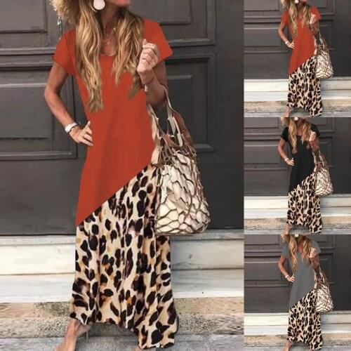 Womens Summer Loose Bohomian Long Dress Casual Short Sleeve Leopard Printed Maxi Dress Plus Size