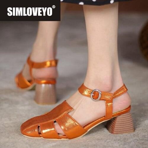 SIMLOVEYO New 2021 Women Pumps Square Toe 5cm Wood Heels Buckle Bling Stylish Designer Vintage Big Size 45 Casual Orange A3813