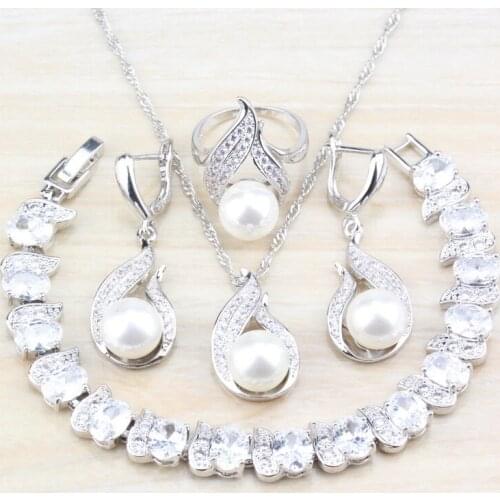 Bridal Real Natural Freshwater Pearls CZ White Silver-Color Jewelry Sets For Women Wedding Tredny Costume Sets Women Gift