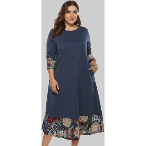 Dresses Women 2021 Spring Plus Size Ladies Mid-length Ethnic Style Loose Round Neck Stitching Long Sleeve Dress