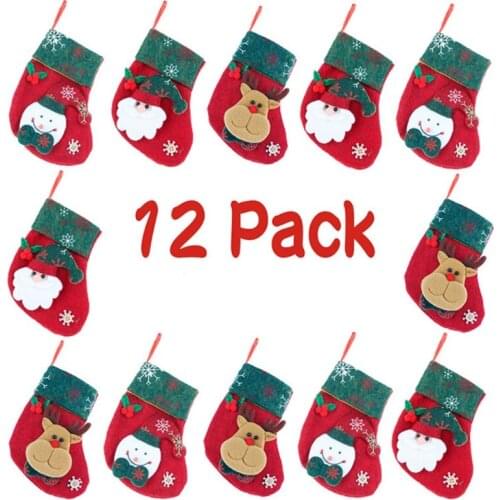 12Pcs Christmas Stockings Tableware Holders Cartoon Santa Snowman Rustic Small Hanging Socks Candy Pouch Knife Spoon Bag
